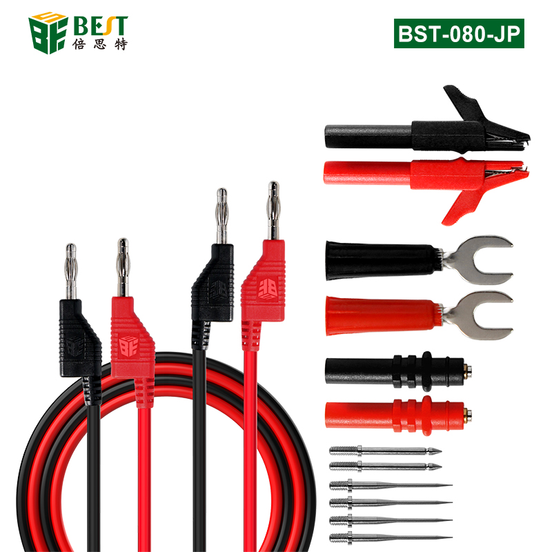 BST-080-JP 組裝式疊插香蕉插頭測試線14PCS 多功能組合測試線套裝 香蕉插轉(zhuǎn)U型插片/鱷魚夾/萬用表棒/表筆線細(xì)尖探針 2000V20A大電流